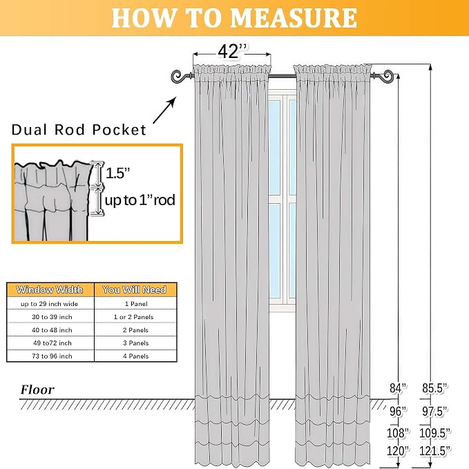 Gwine Light Grey Sheer Curtains 96 Inches Long 2 Panels, Elegant Window - Image 9