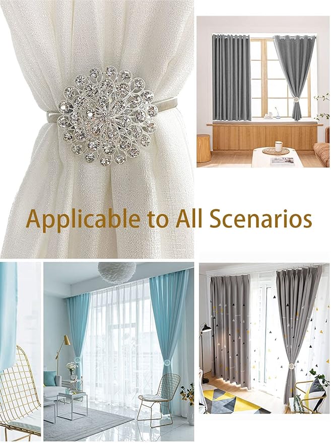 Magnetic Tiebacks for Curtains, 2 Pack Sparkling Crystal Flower Curtain - Image 5