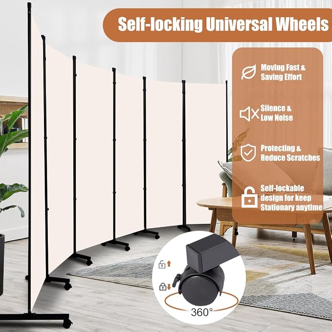 Room Divider Portable 132'' Partition Room Dividers/Wheel, 6 Panel Wall Divider - Image 4