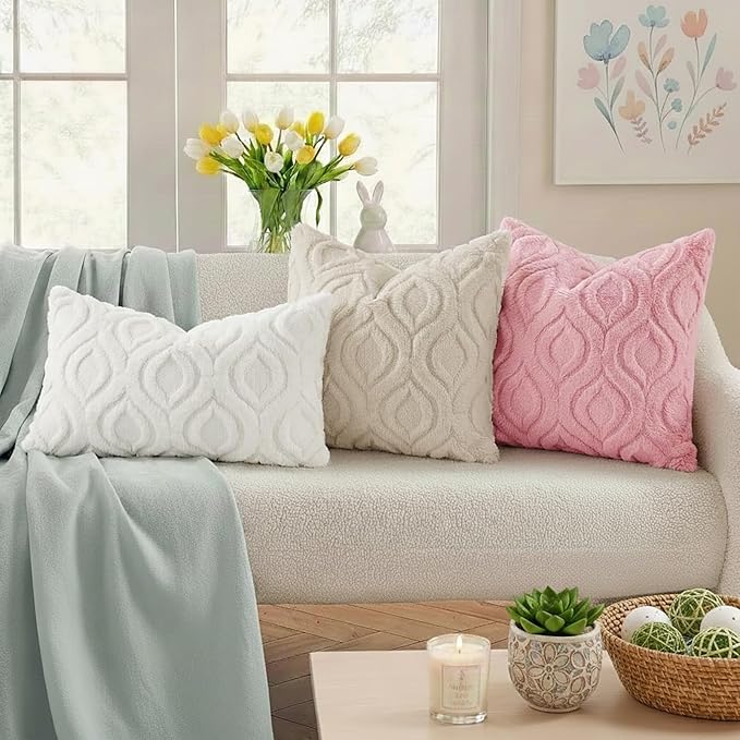 decorUhome Throw Pillow Covers 22x22 Inch Set of 2, Soft Plush Faux Wool Beige - Image 3