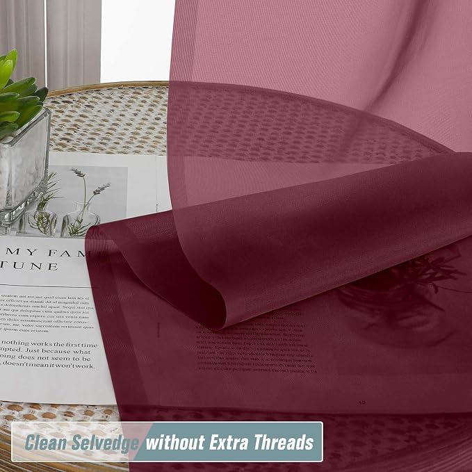 Burgundy Sheer Curtains 63 Inch Length 2 Panels, Voile Sheer Curtain - Image 2