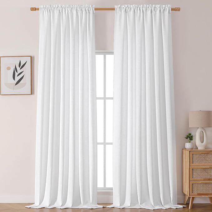 Chyhomenyc White Curtains 120 Inch Length 2 Panels Set, Faux Linen Textured by Chyhomenyc