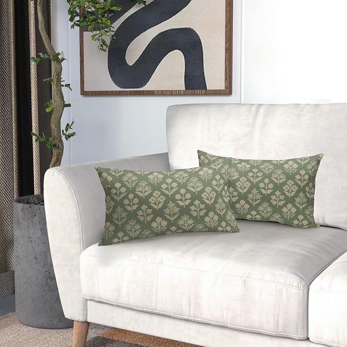 Sage Green Pillow Covers 12x20 Inch Set of 2, Cream Floral Block Print Pattern - Image 6