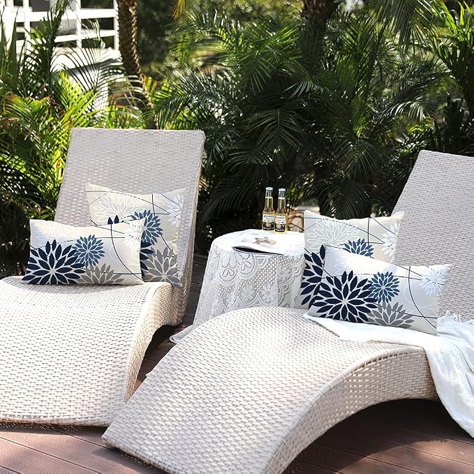 Blue and Gray Floral Pillow Covers 12x20 Set of 2 Outdoor Waterproof White - Image 5
