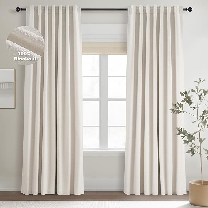 Topfinel Linen Blackout Curtains 96 Inch Long, Boho Farmhouse Ivory Birch Viral by Topfinel
