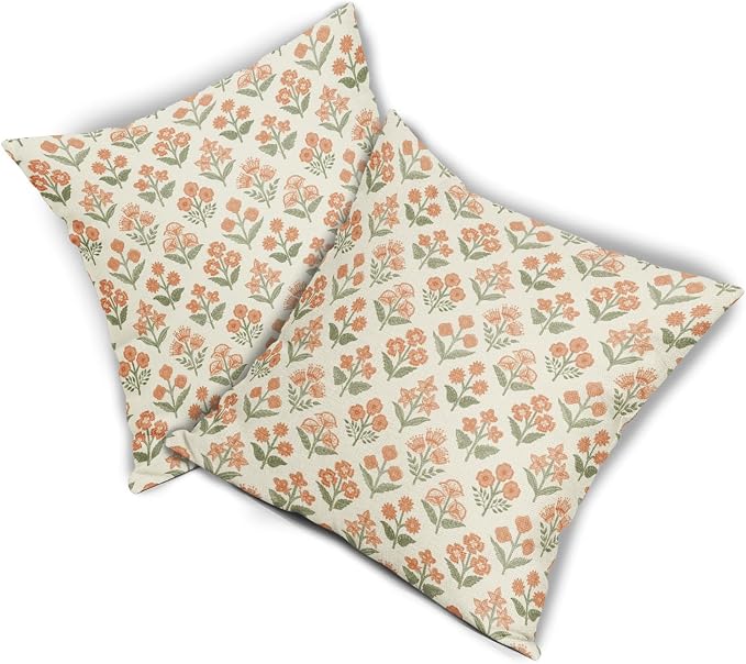 Orange Green Floral Block Print Pillow Covers 20x20 Inch Set of 2, Vintage - Image 8