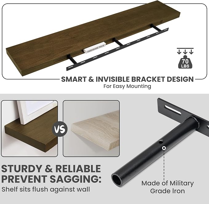 Solid Wood Floating Shelves For Wall, 48”W x 9”D x 1.56”H Large Wall Shelves - Image 7