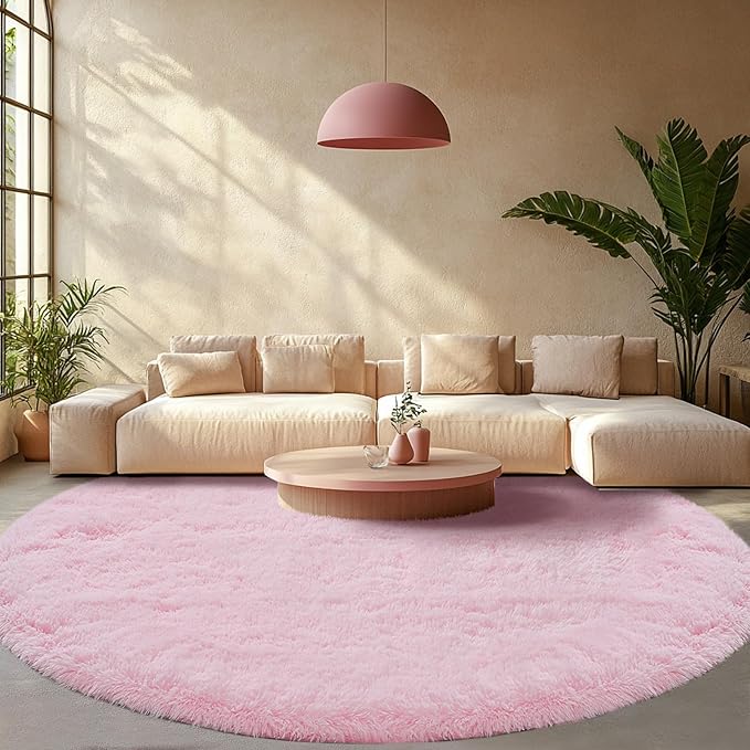 Pink Round Rug for Living Room: 6x6 Feet Shag Area Rugs for Living Room- Ultra by CAIYUECS