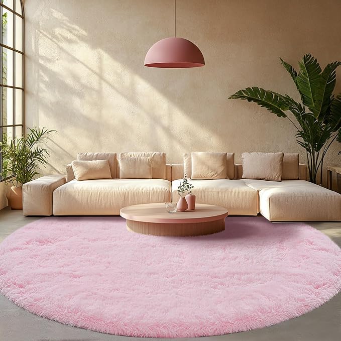 Round Rug 7x7Feet for Living Room: Pink Shag Round Area Rugs for Living by CAIYUECS