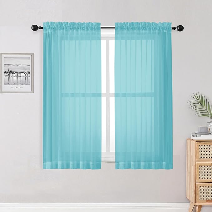 OWENIE Aqua Sheer Curtains for Bedroom Living Room 54 Inch Length 2 Panels Set by OWENIE