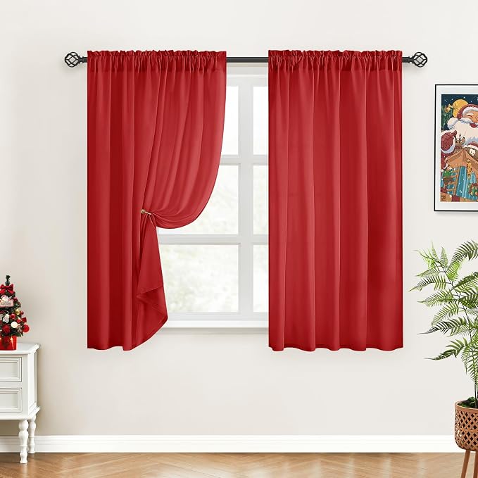 HOMEIDEAS Christmas Non-See-Through Red Privacy Sheer Curtains, 52 X 54 Inches by HOMEIDEAS