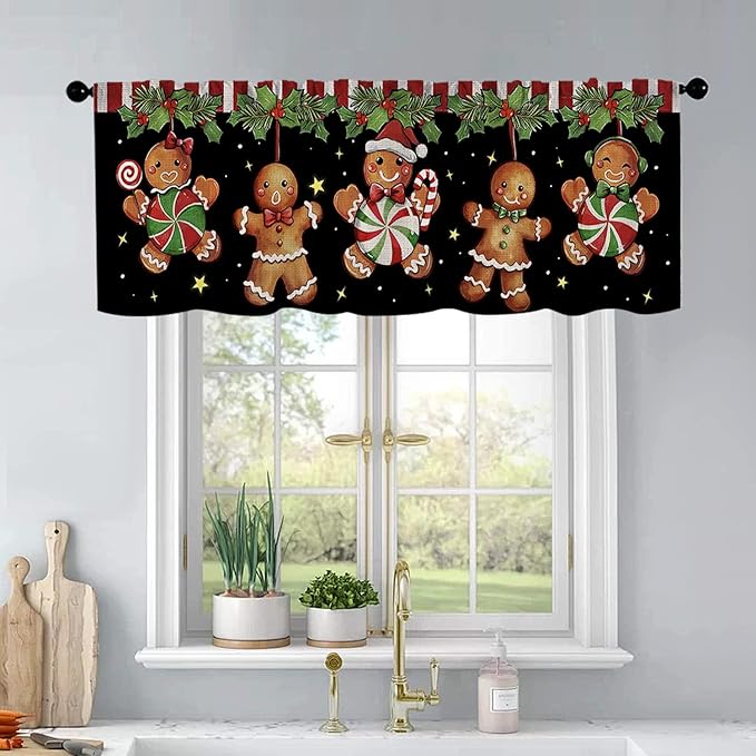 Christmas Kitchen Curtains Gingerbread Man Windows Valances Rod Pocket Curtain by BrilliStar