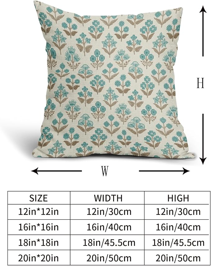 Brown Cyan Floral Pillow Covers 22x22 Inch Set of 2, Vintage Flower Block Print - Image 5