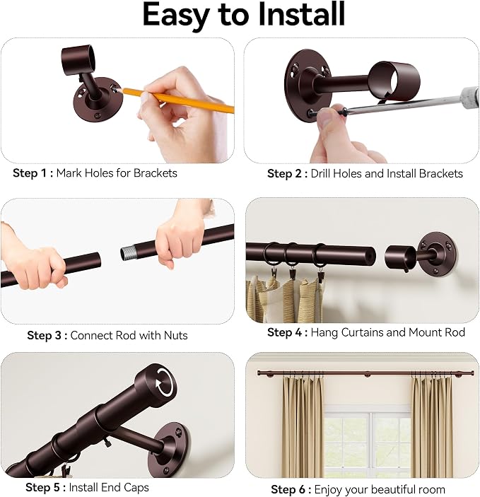YaFex Heavy Duty Curtain Rods 32-150 Inch, 1 Inch Adjustable Bronze Curtain Rod - Image 8