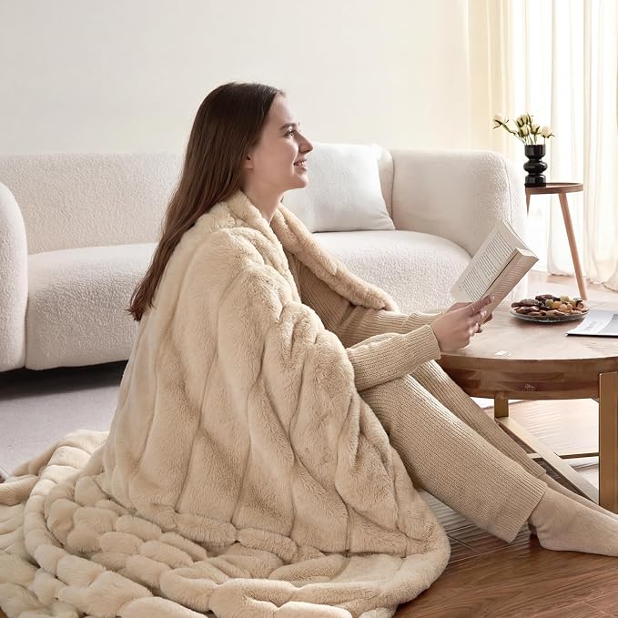 Cozy Bliss Deluxe Sheared Rabbit Faux Fur Throw Blanket, Soft Fuzzy High-Low - Image 3
