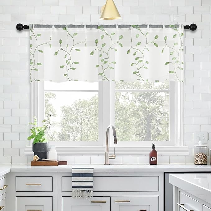 MRTREES Sheer Voile Curtain Valances 2 Panels, Sage Green Leaves Embroidered - Image 6