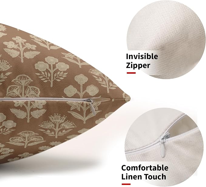 Brown Pillow Covers 12x20 Inch Set of 2, Cream Floral Block Print Pattern - Image 2