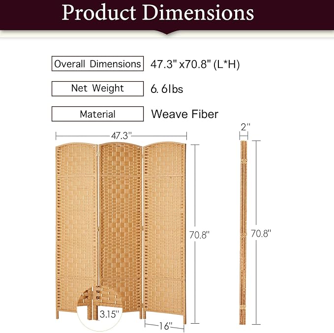 Rose Home Fashion Room Divider 5.6 ft.Tall-15.7" Wide Weave Fiber 3 Panels Room - Image 2