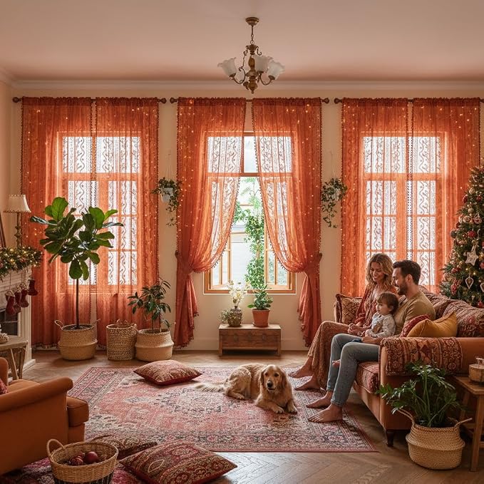 WAZZIO Boho Lace Curtains 108 Inch 2 Panels-Vintage Sheer Panel Drape Floral - Image 3