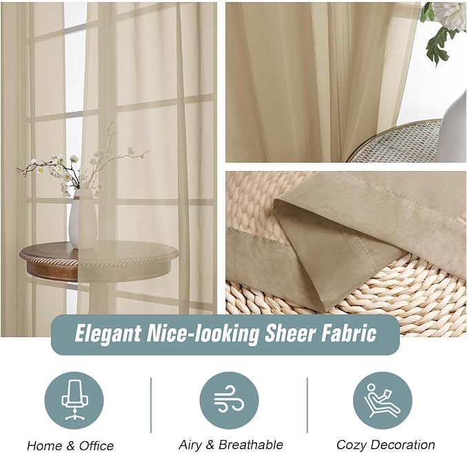 Taupe Sheer Curtains 90 Inches Long 2 Panels, Light Filtering Solid Sheer - Image 4