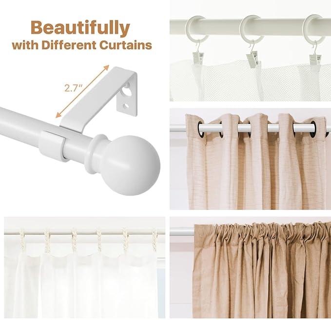 White Curtain Rods for Windows 48 to 88, Heavy Duty 5/8 Diameter Drape Rod Set - Image 6