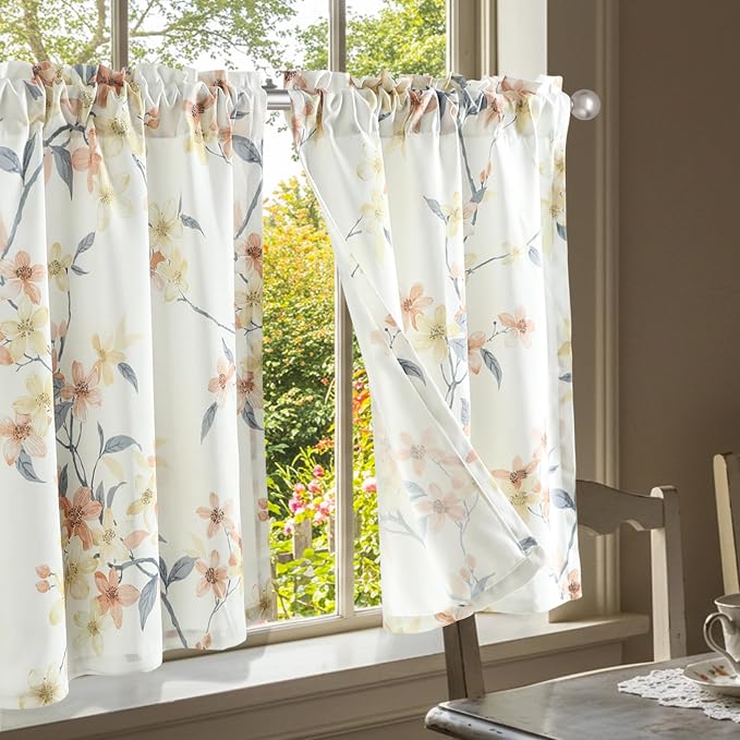 Leeva Farmhouse Style Kitchen Curtain Tiers, Elegant Floral Print Curtains by Leeva
