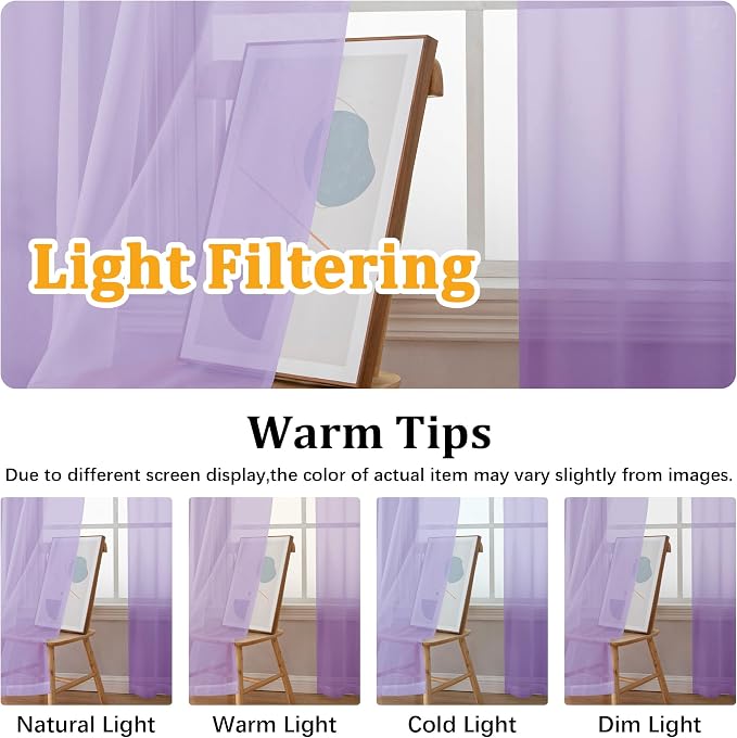 Gwine Lilac Sheer Kitchen Curtains 36 Inch Length, Light Filtering Voile Soft - Image 5