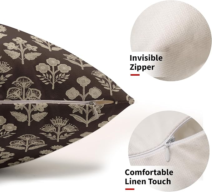Drak Brown Pillow Covers 12x20 Inch Set of 2, Cream Floral Block Print Pattern - Image 2