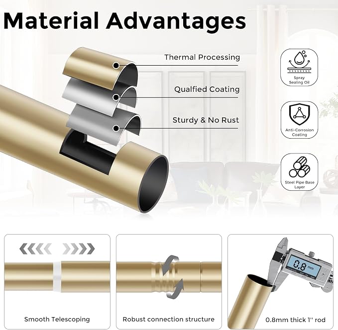 Modern Gold Curtain Rods for Windows 30 to 56 Inch, Decorative Drapery Rods for - Image 6