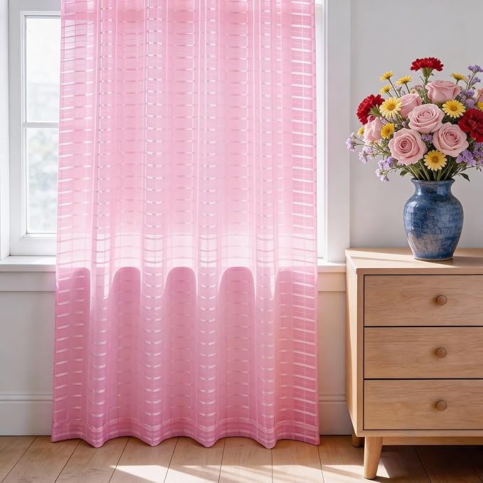 SpaceDresser Check Sheer Curtains 45 Inches 2 Panels Set, Rod Pocket Plaid - Image 3