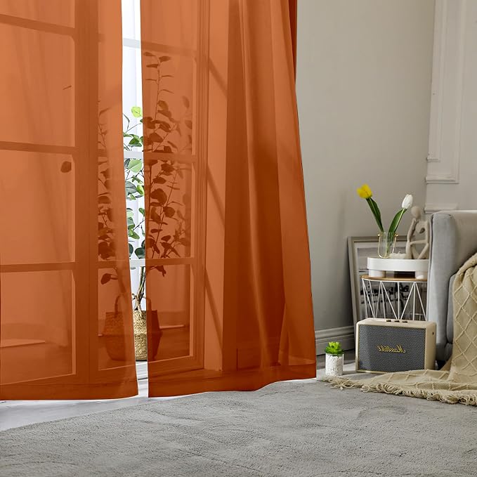 Lecloud Orange Sheer Curtains 78 Inches Long 2 Panels, Light Filtering Voile - Image 2