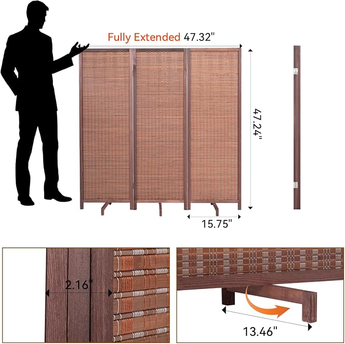 Bamboo Room Divider Panel with 360°Rotating Feet, 3 Panel 47" H Short Folding - Image 2