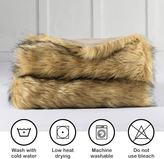 Luxury Plush Faux Fur Blanket Queen Size, Long Pile Golden Yellow - Image 5