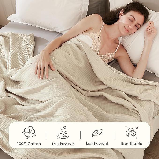 EMME Cotton Blanket Queen Size for Bed Soft Muslin Bed Blankets 90"x90" Light - Image 3