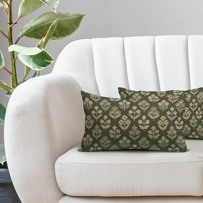Olive Green Pillow Covers 12x20 Inch Set of 2, Cream Floral Block Print Pattern - Image 5