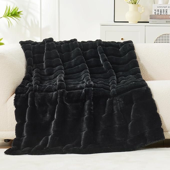 Cozy Bliss Deluxe Sheared Rabbit Faux Fur Throw Blanket, Soft Fuzzy High-Low - Image 3