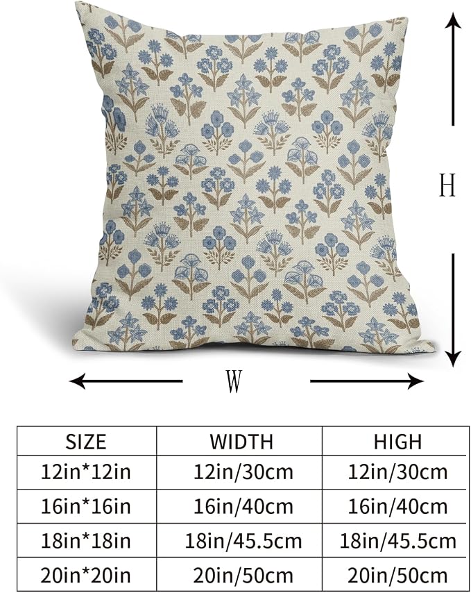Brown Blue Floral Block Print Pillow Covers 20x20 Inch Set of 2, Vintage Flower - Image 5