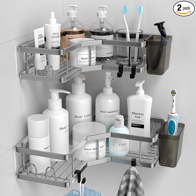 Corner Shower Caddy Bathroom Organizer: AKTECKE 2 Pack Adhesive Shelf Decor- No by AKTECKE