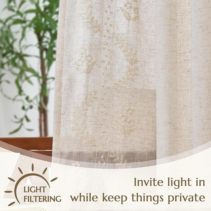jinchan Belrose Linen Curtains for Bedroom Floral Curtains 84 Inch Length Linen - Image 5