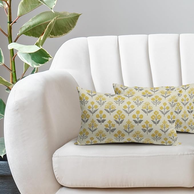Yellow Grey Gray Floral Pillow Covers 12x20 Inch Set of 2, Block Print Lumbar - Image 5