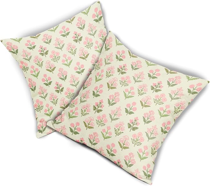 Pink Green Floral Pillow Covers 24x24 Inch Set of 2, Vintage Flower Block Print - Image 8