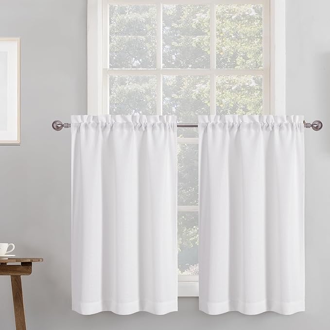 Chyhomenyc 2 Panels White Curtains 24 Inch Length Tier Curtain, Faux Linen by Chyhomenyc