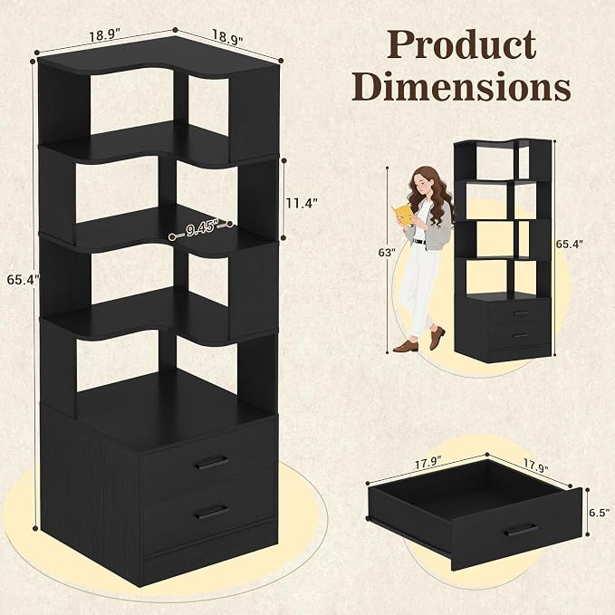 Armocity Corner Bookshelf with Drawers, 7 Tier Corner Book Shelf Display - Image 3