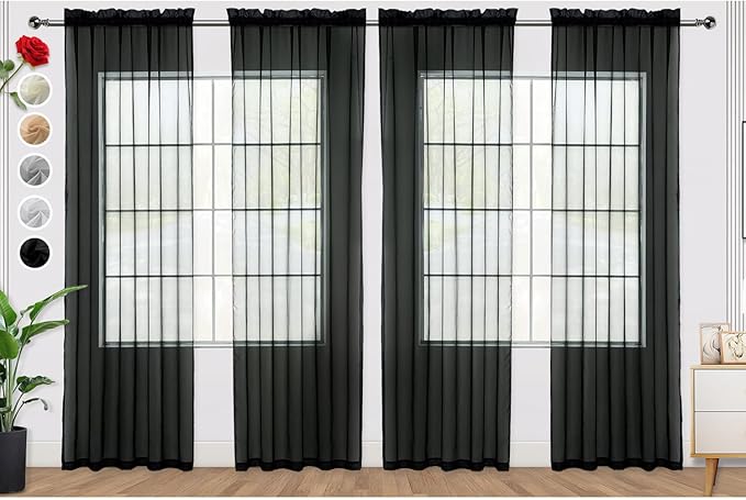 SpaceDresser Black Sheer Curtains 4 Panels Rod Pocket Semi-Sheer Curtain 90 by SpaceDresser