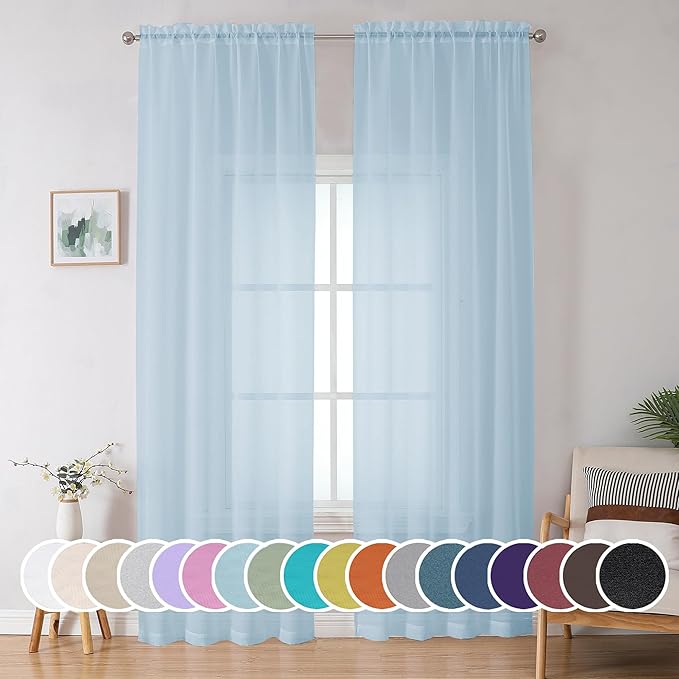 OWENIE Sky Blue Sheer Curtains 90 Inches Long by OWENIE