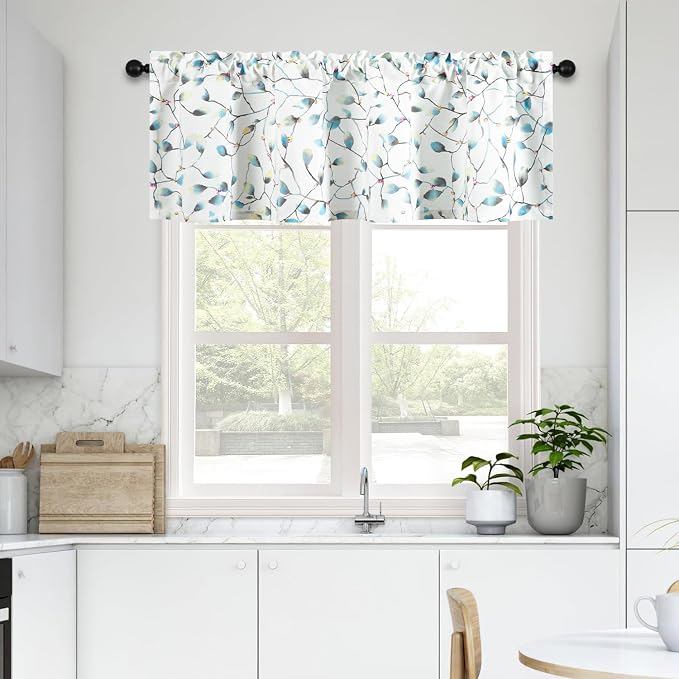 Leeva Floral Kitchen Valances for Windows, Smooth Linen Textured Short Valance by Leeva
