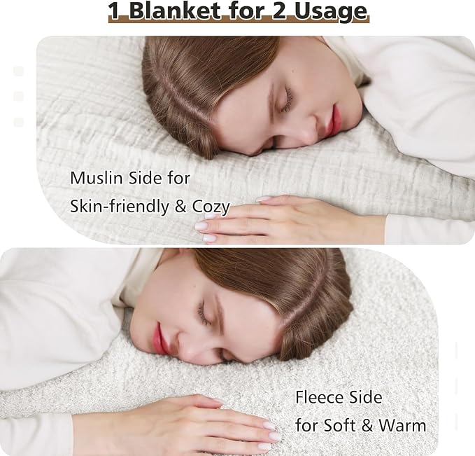 EMME White Throw Blanket Muslin and Fleece Blanket - Image 3