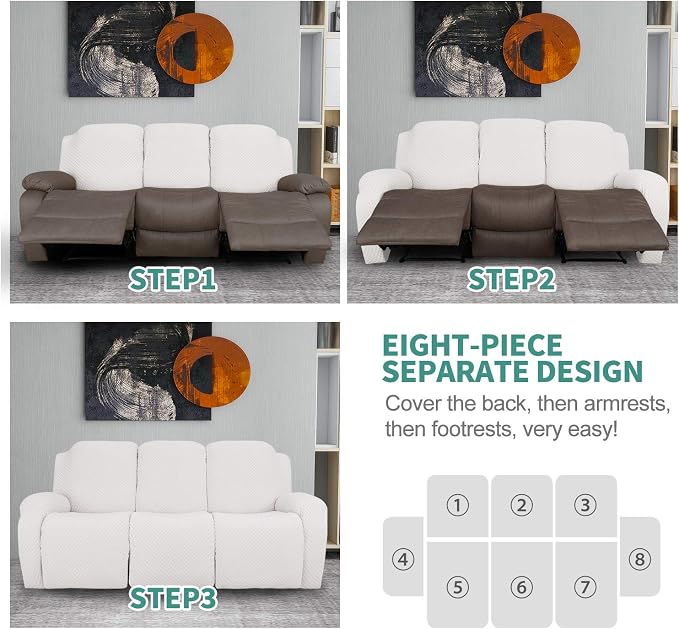 YEMYHOM 8 Pieces Stretch Recliner Sofa Cover Latest Jacquard Reclining Couch - Image 7