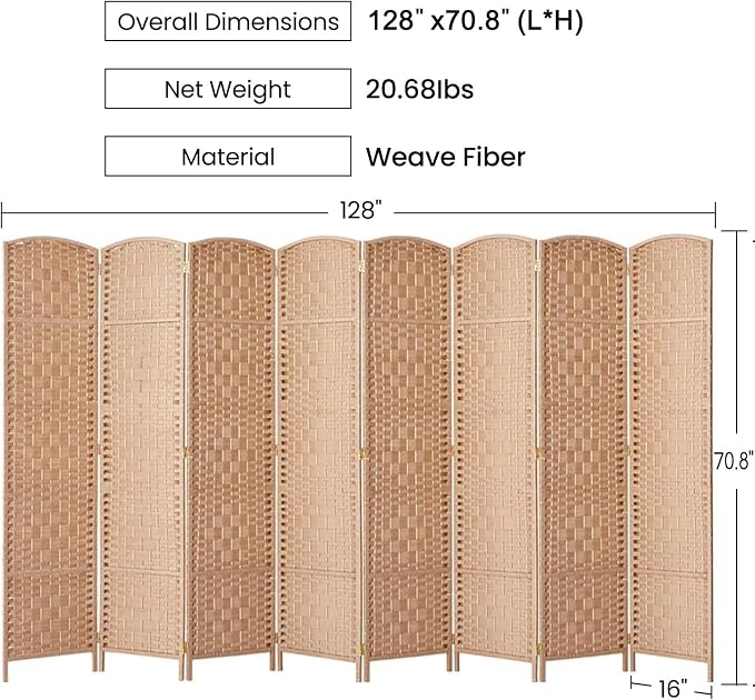 RHF 6 Ft. Tall Extra Wide-Diamond Weave Fiber Room Divider, 8 Panel Room - Image 3