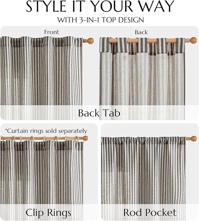 jinchan Linen Curtains Black on Beige Striped Curtains - Image 5